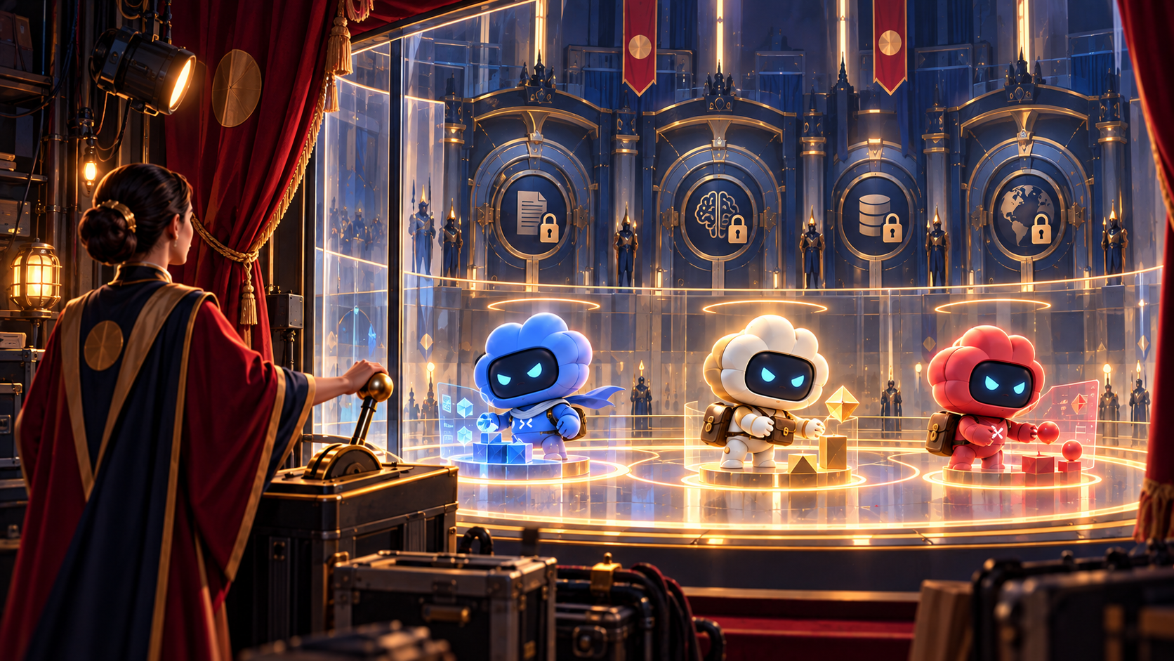 Las mascotas trabajan dentro de una arena de cristal mientras la supervisión humana protege los límites externos