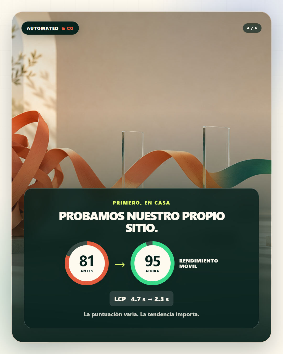 Prueba en casa: PageSpeed móvil de 81 a 95 y LCP de 4,7 s a 2,3 s.