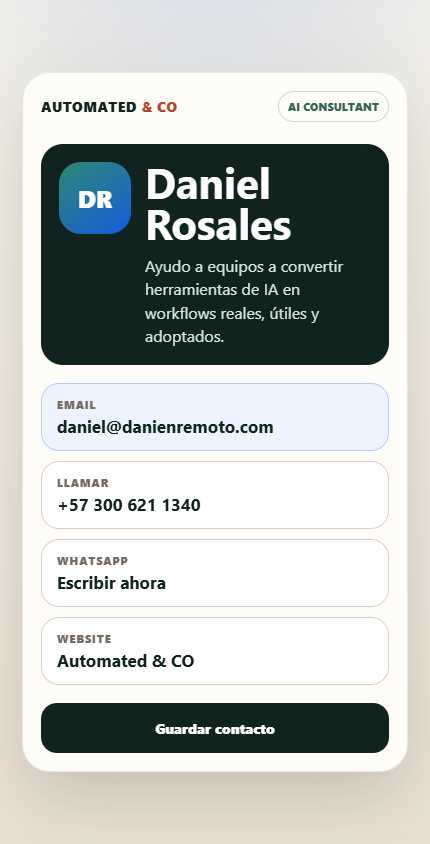 Landing permanente de Automated & CO con email, llamada, WhatsApp, sitio web y guardado de contacto
