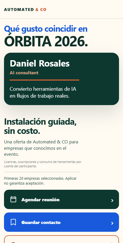 Experiencia de ORBITA 2026 con acciones para agendar una reunión y guardar el contacto